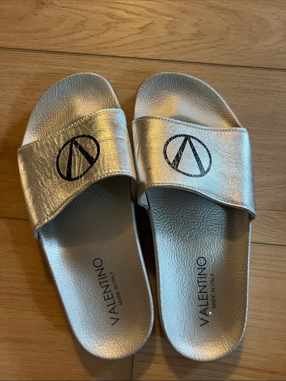 Valentino Metallic Silver Logo Slide Sandals